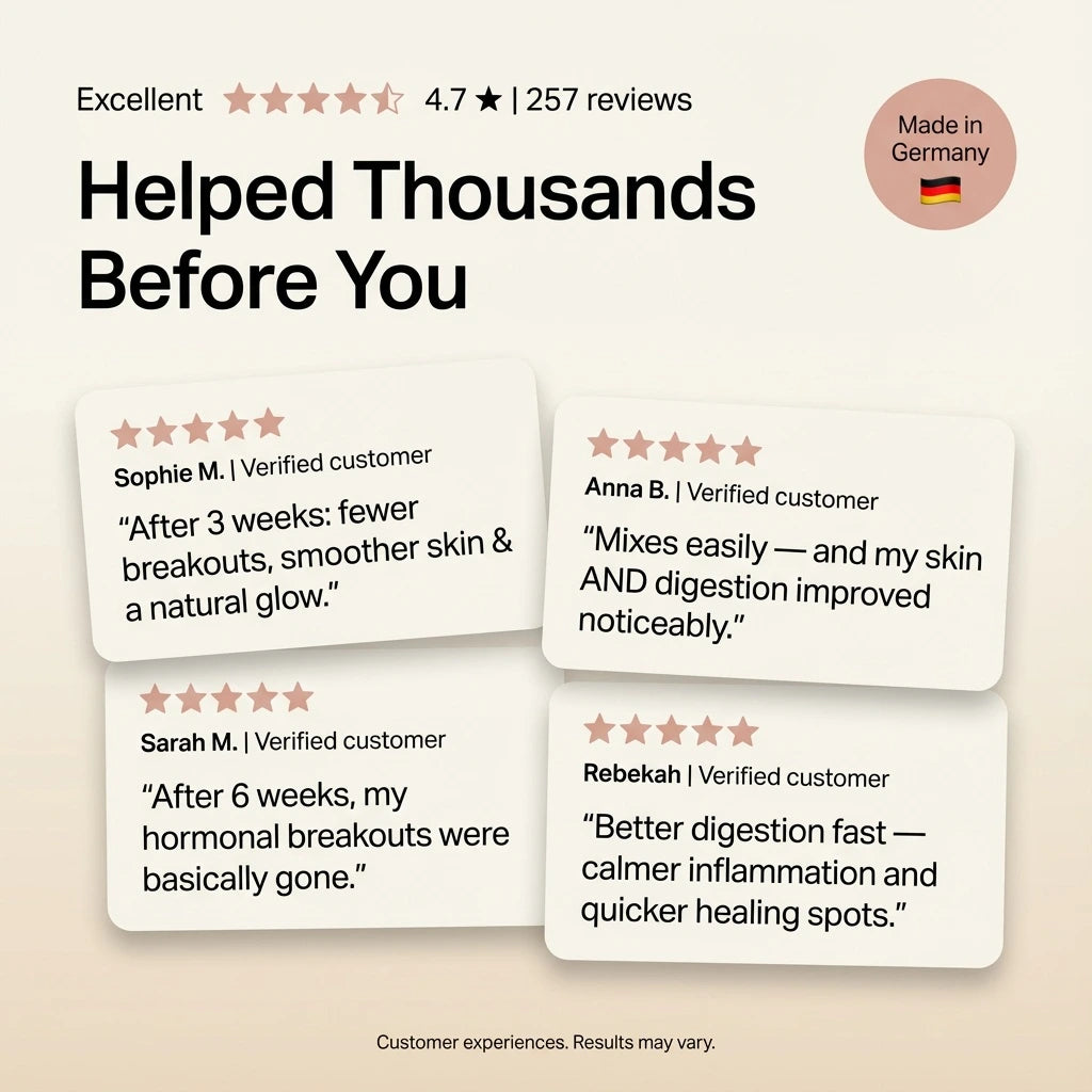 Product reviews with customer testimonials on a light beige background