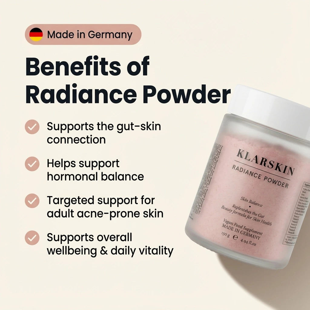 KLARSKIN Radiance Powder with benefits listed on a beige background